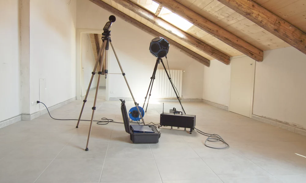 Moderne Messgeräte zur Schallmessung und Akustikanalyse im Einsatz bei einer bauakustischen Untersuchung